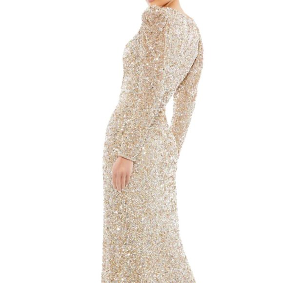 MAC DUGGAL 5510 PUFF SHOULDER SEQUIN SURPLICE SHIMMERING GOLD GOWN sz 16 - Picture 2 of 6